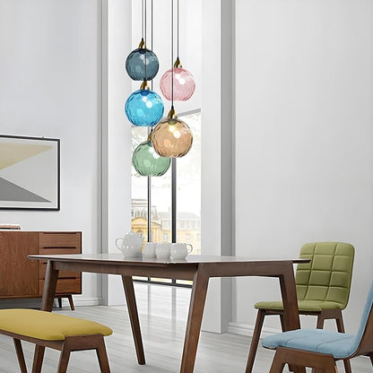 15cm/5.9’’ Industrial Vintage Spherical Glass Pendant Light, E26 Ceiling Hanging Lamp, Gold Finish & Ripple Glass Globe Shade, Dining Room Bedroom Chandelier (Azure Blue)