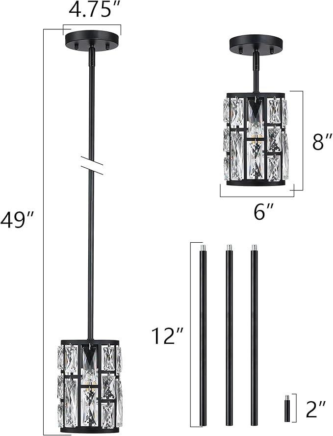 MEXO Modern Crystal Pendant Light Fixture 3-Pack Matte Black Finish Hanging Lighting Crystal Chandelier for Living Room, Kitchen, Hallway