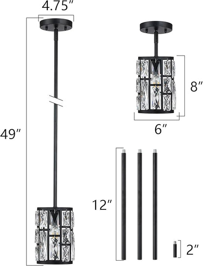 MEXO Modern Crystal Pendant Light Fixture 3-Pack Matte Black Finish Hanging Lighting Crystal Chandelier for Living Room, Kitchen, Hallway