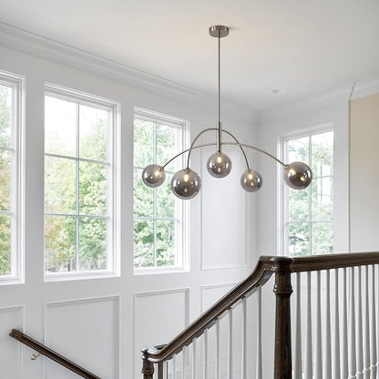 Modern Silver Chandelier 5 Light Smoke Gray Semi Flush Mount Chandelier Vintage Industrial Ceiling Light for Dining Room Kitchen Bedroom Hallway