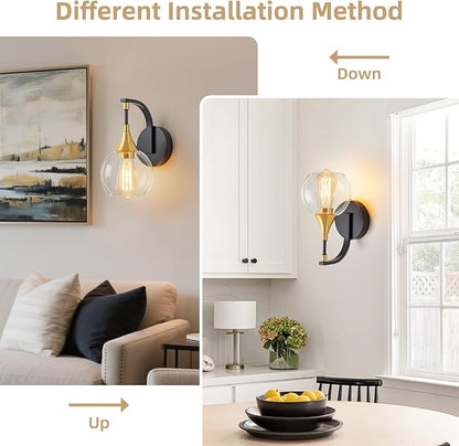 Indoor Wall Sconce, Black and Gold Wall Light Fixture with 4.9 Inches Clear Glass Shade, Bathroom Vanity Lights for Mirror, Bedroom, Hallway