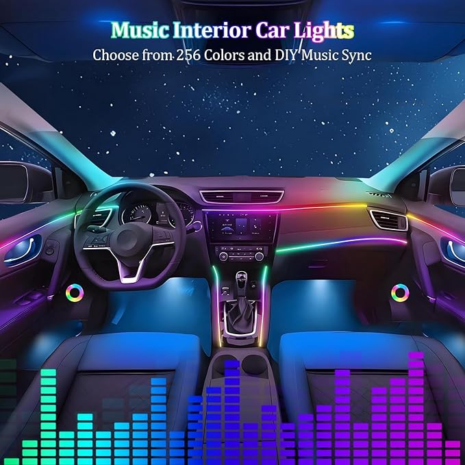 Acrylic Interior Car LED Strip Light with APP Remote Control, 175in 6 in 1 RGB Dreamcolor Neon Flexible Strip Fiber Optic LED Ambient Lighting Kits,RGB Music Lights Sync for Inside car Decorations