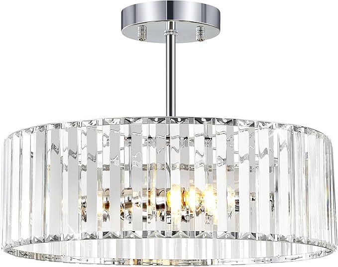 YURNYQ Chrome Crystal Ceiling Light Fixture, Modern Semi Flush Chandelier, Round Hanging Lighting Chandeliers for Dining Room, Kitchen, Bedroom, 3-Light, 15.74 Inch