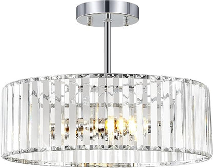 YURNYQ Chrome Crystal Ceiling Light Fixture, Modern Semi Flush Chandelier, Round Hanging Lighting Chandeliers for Dining Room, Kitchen, Bedroom, 3-Light, 15.74 Inch