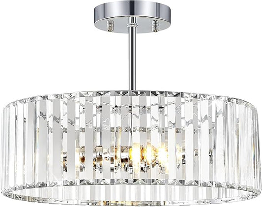 YURNYQ Chrome Crystal Ceiling Light Fixture, Modern Semi Flush Chandelier, Round Hanging Lighting Chandeliers for Dining Room, Kitchen, Bedroom, 3-Light, 15.74 Inch