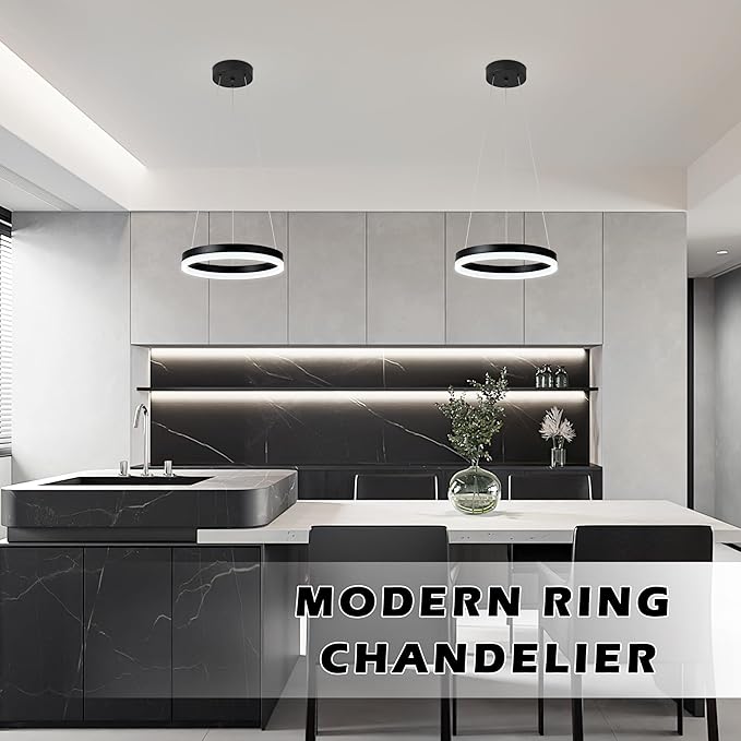 12" Black Led Ring Chandelier Ring Modern Led Chandelier Modern Pendant Lights Adjustable Height Light Contemporary Light Fixture for Kitchen Island Bedroom Kitchen Island Dining Room