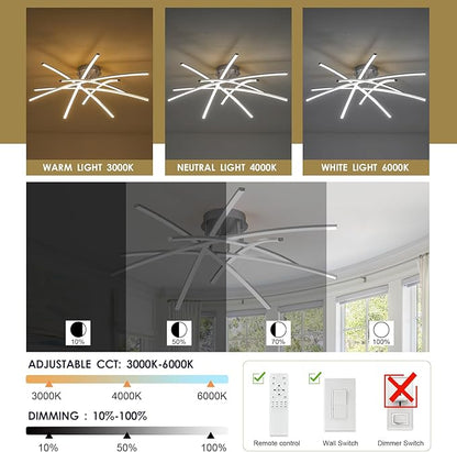 Semi Flush Mount Ceiling Light, 32.8” Dimmable LED Chandelier Modern Ceiling Lighting Fixture Dimmable Remote Control 6-Lights Lamp for Living Room Dining Room Bedroom 65W 3000K-6000K
