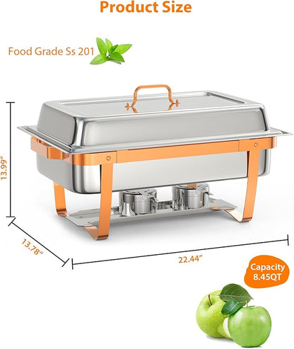 2 Pack Chafing Dishes for Buffet, Stainless Steel Catering Chafer with Lids, Pans & Fuel Holder, 8QT Food Warmers for Parties Buffet, Buffet Servers and Warmers for Parties, Events, Weddings,Rose Gold