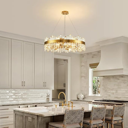 16-Light Modern Crystal Chandelier, Large Gold Round 2-Tiers K9 Crystal Chandelier, Luxury Flush Mount Crystal Pendant Ceiling Light for Dining Living Room Entryway Foyer D31.5''