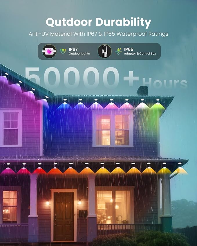 KISUFU 50FT Permanent Outdoor Lights for House, 24V RGB+IC Smart Outside Lights with 221 Modes, App & Remote Control, IP68 Waterproof, Year-Round Roof & Eaves Lighting for Valentine, Holidays (50FT)