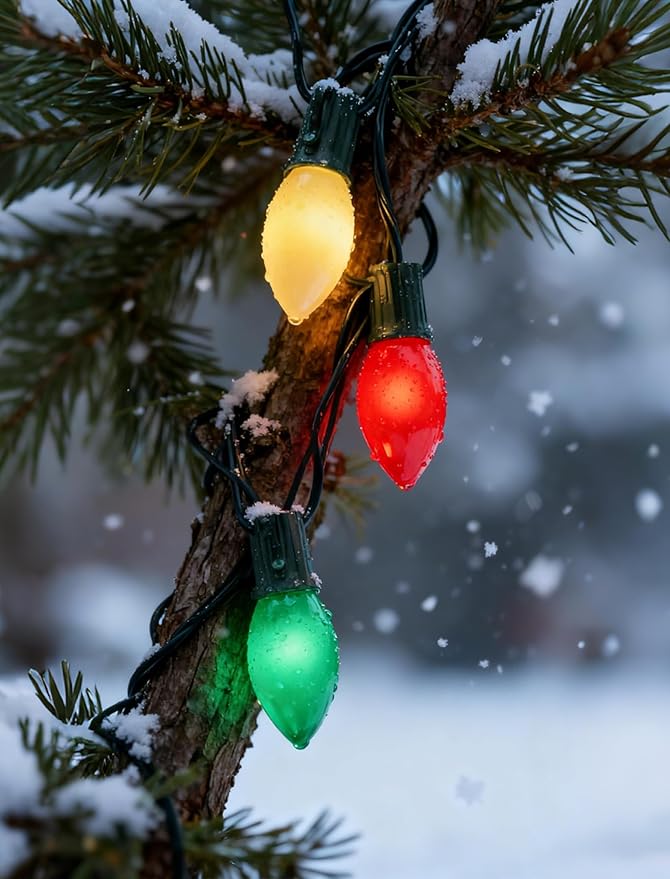 25Ft Vintage Christmas Lights C9 LED Red Green and White Outdoor String Lights with 26 C9 Bulbs (1 Spare), Commercial Outdoor Christmas Lights for Holiday Wedding Party Garden Home Decor, Green Wire
