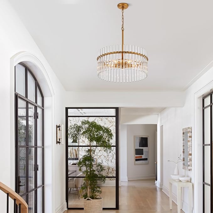 Glass Chandelier for Entryway, Gold Pendant Light for Hallway, Modern Hanging Light Fixture for Kitchen Island Dining Room Bedroom Foyer, Dia 24 Inch