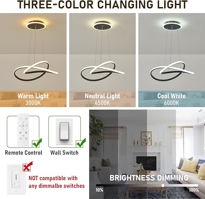 Modern LED Chandelier, 3-Color Dimmable with Remote Control, Adjustable Height Pendant Light Fixture with Base LED Light Strip, Modern Hanging Light for Dining Room Kitchen Island Living Room