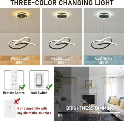 Modern LED Chandelier, 3-Color Dimmable with Remote Control, Adjustable Height Pendant Light Fixture with Base LED Light Strip, Modern Hanging Light for Dining Room Kitchen Island Living Room