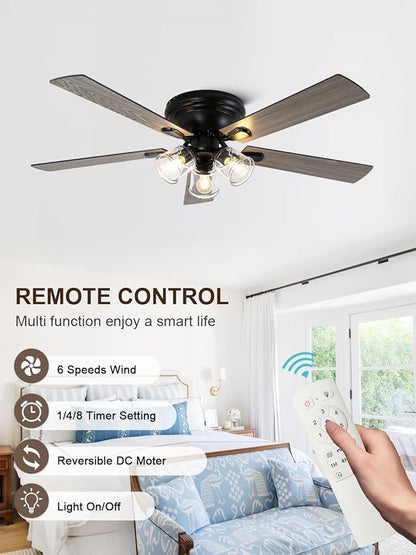 52 Inch Flush Mount Vintage Ceiling Fan with Lights and Remote, Farmhouse Rustic Ceiling Fan Antique Fandelier Chandelier for Bedroom Living Room Low Profile, 3 E26 Bulbs (Not Included)