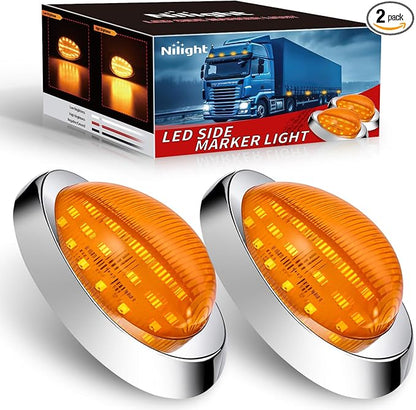 Nilight 2PCS 6 Inch Amber Teardrop Oval Side Marker Lights with Turn Signal 18 LED Amber Lens Chrome Housing IP67 Waterproof Universal Surface Mount Lamp for Freightliner Trucks Trailers Sleeper Cab