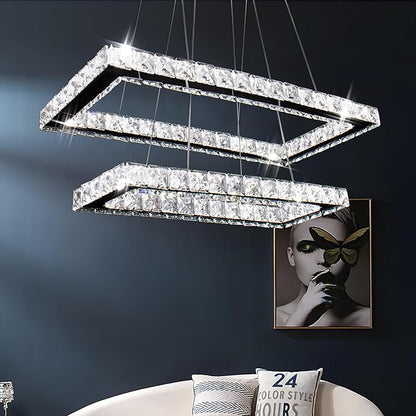 Finktonglan Modern Crystal Chandelier, Rectangular Double Ring LED Pendant Light, 6000K Cool White Non-Dimmable, Height Adjustable Hanging Light Fixture for Dining Room Living Room Bedroom