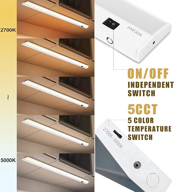 Ansen Hardwired Under Cabinet Lighting, 18inch 15W LED Light for Kitchen/Closet, 998.4lm, CRI>92, R9>90, Dimmable, 5 Color Temperature, 2700K-5000K(Warm White, Cool White, Daylight)