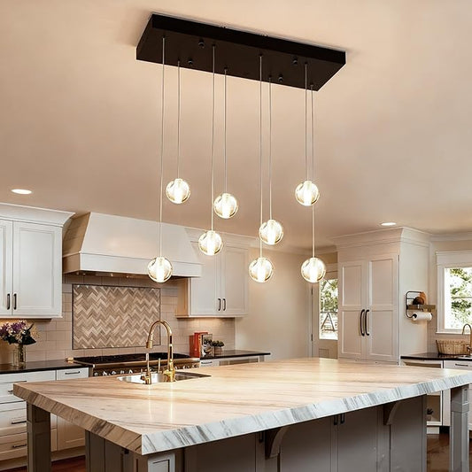 8 Lights Black Raindrop Rectangle Chandelier, Modern Bubble Crystal Chandelier for Dining Room, Large Pendant Light for High Ceilings Staircase Foyer Entryway Living Room Kitchen Island