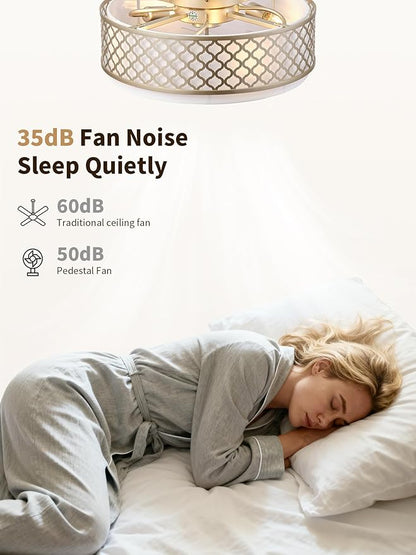 20" Gold Flush Mount Ceiling Fan with Light, Boho Ceiling Fans with Lights, Enclosed with Remote Control 6 Speeds for Living Room, Bedroom, Nursery