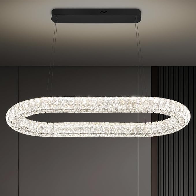 LED Crystal Ring Chandelier, 40'' Black Crystal Ring Pendant Light for Kitchen Island Modern Linear Oval Chandeliers for Dining Room Dimmable 3000K-6000K