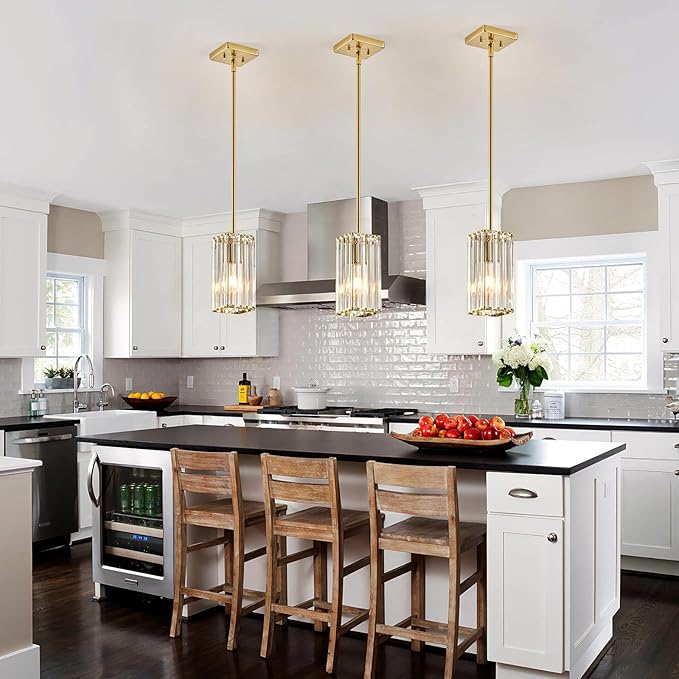 Modern Crystal Pendant Lights Kitchen Island, 1-Light Brushed Gold Hanging Light with Clear Crystal Shade, Adjustable Height Pendant Lighting for Kitchen Island Dining Room Bedroom Bar Entryway