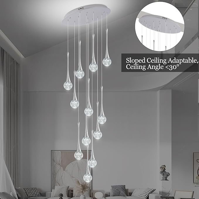 Modern Chrome Crystal Chandelier for High Ceiling 12-Lights, 120 Inches Luxury Spiral Dimmable LED Bubble Raindrop Pendant Lighting Fixture for Staircase Foyer Entryway Living Room