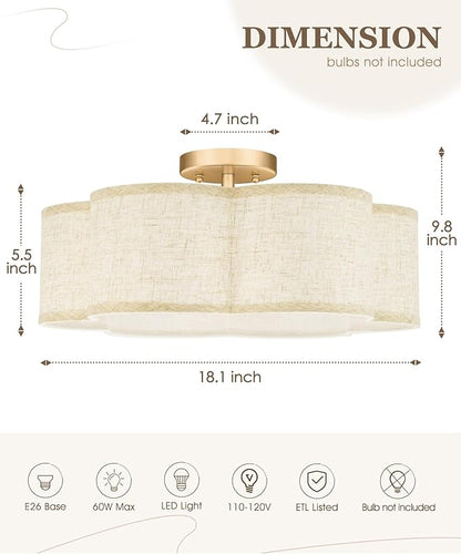 Semi Flush Mount Ceiling Lights, 6-Light 18" Gold Light Fixtures Ceiling Mount with Fabric Shade in Flower Shape, Drum Lighting Fixture for Nursery Bedroom Kitchen, AD-22007-6SF-GD-B