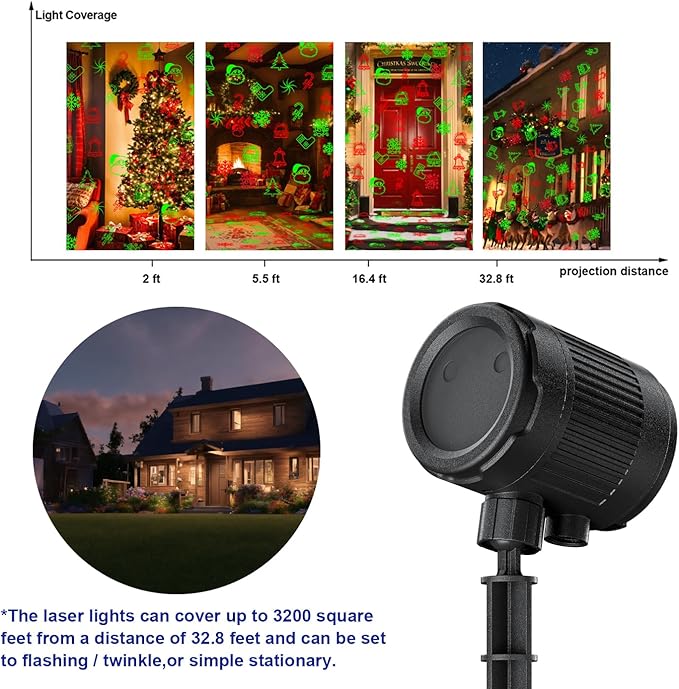 Christmas Laser Projector Lights, 10 Patterns Moving Red Green Outdoor Garden Waterproof Decorative Starry Lights Projector with RF Remote for Holiday Party Indoor Decoration Home Decor