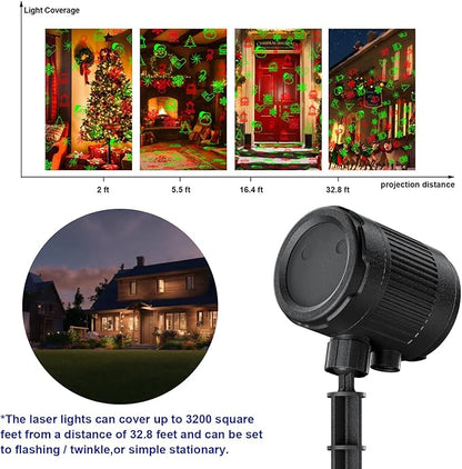 Christmas Laser Projector Lights, 10 Patterns Moving Red Green Outdoor Garden Waterproof Decorative Starry Lights Projector with RF Remote for Holiday Party Indoor Decoration Home Decor