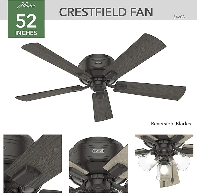Hunter Crestfield Indoor Low Profile Ceiling Fan with LED Light and Pull Chain Control