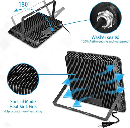 YANYCN 300W LED Flood Light Outdoor,2000W Equivalent 5000K Daylight White Super Bright FloodLight with Plug,43500LM IP66 Waterproof Commercial Lighting for Sports Fields,Counts,Arena,Stadium