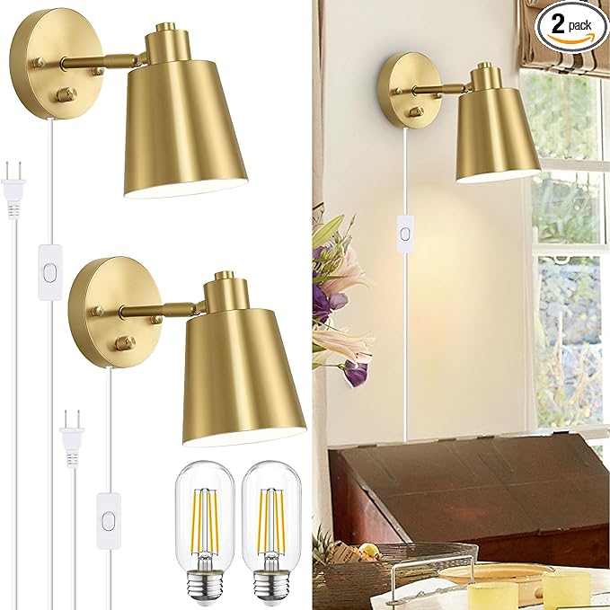 Lomoky Dimmable Wall Sconces Plug in, Adjustable Angle Wall Lamps with Plug in Cord and Dimmer On/Off Knob Switch, Gold Wall Light with Metal Shade for Bedroom Bedside Doorway (2 Bulbs Included)