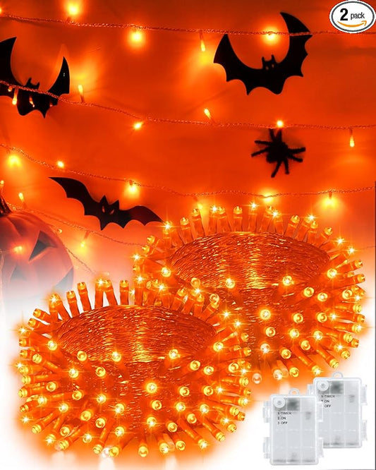 Halloween String Lights Battery Operated, Orange Lights for with Timer Waterproof 16.4ft 50 LED Halloween Decorations for Outdoor Indoor Patio Party Garden Yard Decor 2 Packs