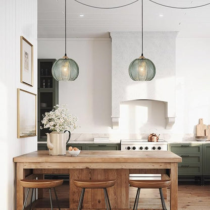 Plug in Pendant Lighting, 8.6" Green Glass Pendant Light Plug in Hanging Light Fixture with Cord, Mid Century Modern Hanging Lamp for Living Room Bedroom Dining Room Kitchen