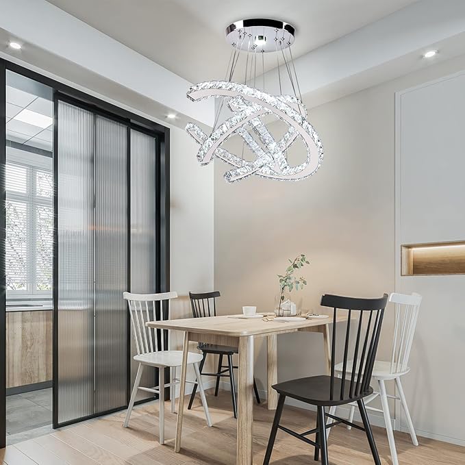 Finktonglan Modern Crystal Chandeliers 3C Rings Led Pendant Lamp Adjustable Stainless Steel Ceiling Lighting Fixture for Living Room Dining Room Bedroom Cool White