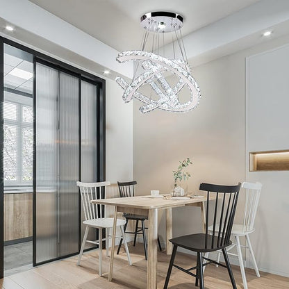 Finktonglan Modern Crystal Chandeliers 3C Rings Led Pendant Lamp Adjustable Stainless Steel Ceiling Lighting Fixture for Living Room Dining Room Bedroom Cool White