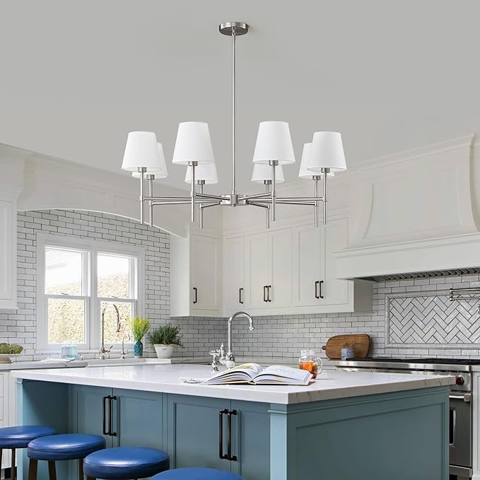 RUIYEY Dining Room Chandeliers Light - Modern Brushed Nickel Chandelier, 8-Light Metal Farmhouse Dining Room Light Fixture, E26 Hanging Pendent Lighting for Kitchen, Living Room, Foyer, Entrance