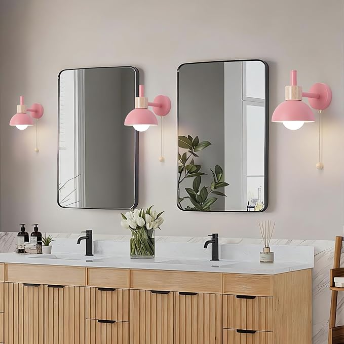 1-Light Nordic Bathroom Wall Sconce with Pull Chain Switch, Modern Vanity Wall Lamp, Bedside Wall Lights for Mirror Kitchen Living Room Hallway Cabinet Porch(Pink)