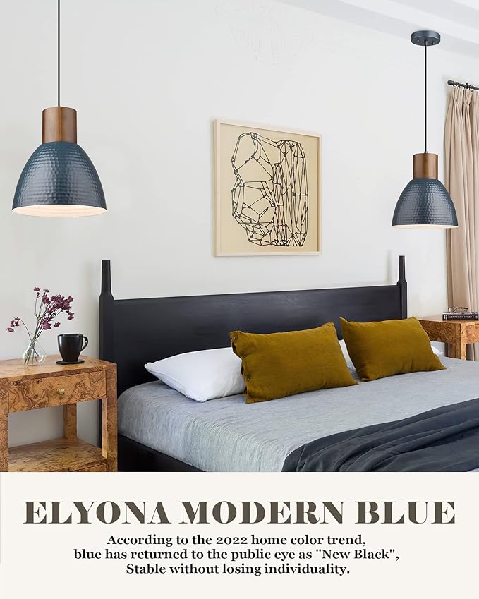ELYONA Hammered Pendant Lights for Kitchen Island, 7” Small Solid Wood Hanging Light Fixtures, Adjustable Height Industrial Metal Pendant Light Fixtures for Bar Dining Room Bedroom Office, Modern Blue