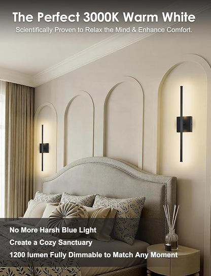KARTOOSH 20.4 Inch Hardwired Wall Sconces Set of Two, 3000K Warm White Dimmable Modern Wall Sconces, 350° Rotate LED Light Fixtures Wall Lamp for Bathroom Living Room Bedroom Bedside, Black