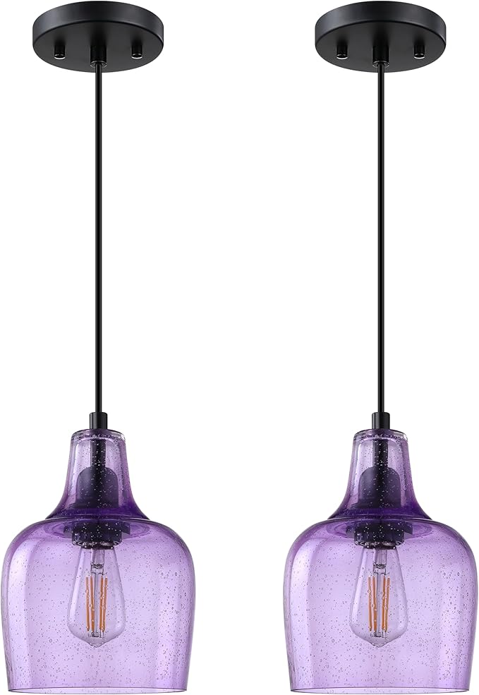 2 Pack 1 Light Hanging Indoor Kitchen Island Pendant Light 6.1" Seeded Purple Glass Pendant Ceiling Light Fixtures Black Finish Modern Farmhouse Dinning Over Sink