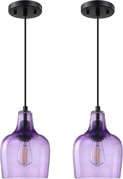 2 Pack 1 Light Hanging Indoor Kitchen Island Pendant Light 6.1" Seeded Purple Glass Pendant Ceiling Light Fixtures Black Finish Modern Farmhouse Dinning Over Sink