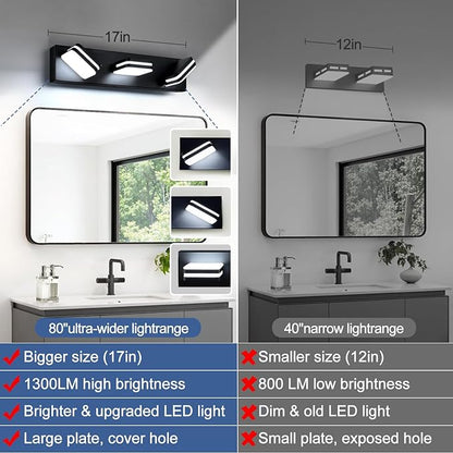 360° Rotate LED Bathroom Vanity Light Fixtures, 1300LM Acrylic Matte Black Vanity Lights for Bathroom, Modern Wall Lighting Fixtures Over Mirror Kitchen Living Room Hallway (Natural White Light 5000K)