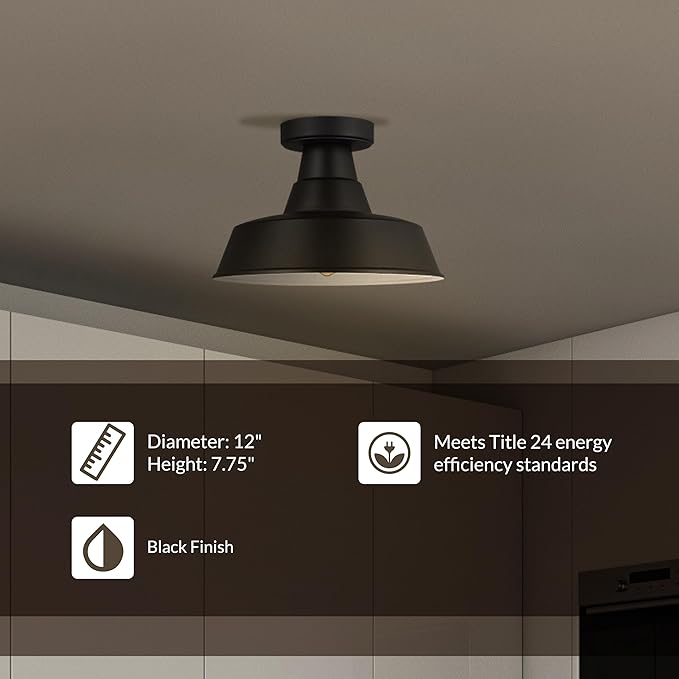 Generation Lighting 7837401-12 1-Light Barn Light Outdoor Ceiling Lamp Black 7837401-12, Flush Mount Ceiling Light Fixture for Home Decor, Farmhouse Outdoor Light Fixture Can Use LED Light Bulbs
