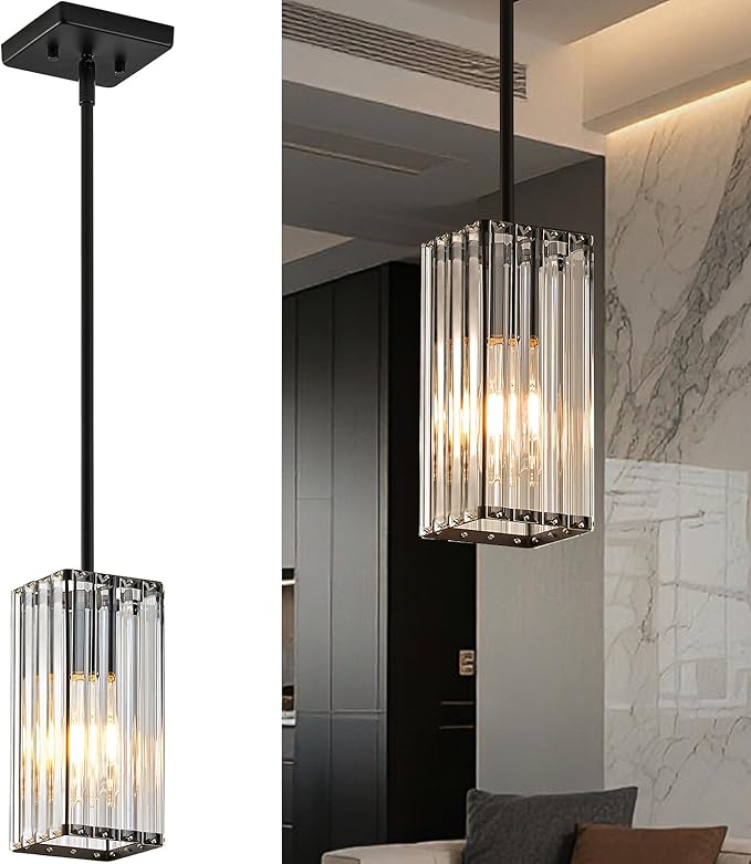 Modern Crystal Pendant Lights Kitchen Island, 1-Light Jet Black Hanging Light with Clear Crystal Shade, Adjustable Height Pendant Lighting for Kitchen Island Dining Room Bedroom Bar Entryway
