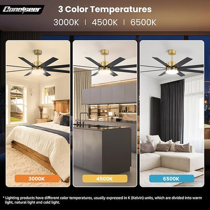 60 Inch Ceiling Fans with Lights and Remote, Dual Color 6 Blades, Bedroom Living Room Office Library Cafe Outdoor Industrial, 3CCT Dimmable, 6 Speed Reversible Quiet DC Motor, Gold/Wood Grain