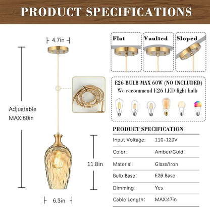 Glass Pendant Lights Kitchen Island 2 Pack, Gold Vintage Pendant Light Fixtures with Hand-Blown Hammered Amber Glass, Farmhouse Modern Brass Hanging Light for Kitchen Sink Dining Room Bedroom