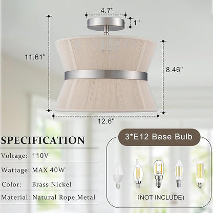 Brushed Nickel Semi Flush Mount Ceiling Light Fixture 12.6” Modern Drum Bedroom Ceiling Lighting 3-Light Beige Close to Ceiling Lamp for Kitchen Living Dining Room Hallway Bathroom Entryway Foyer