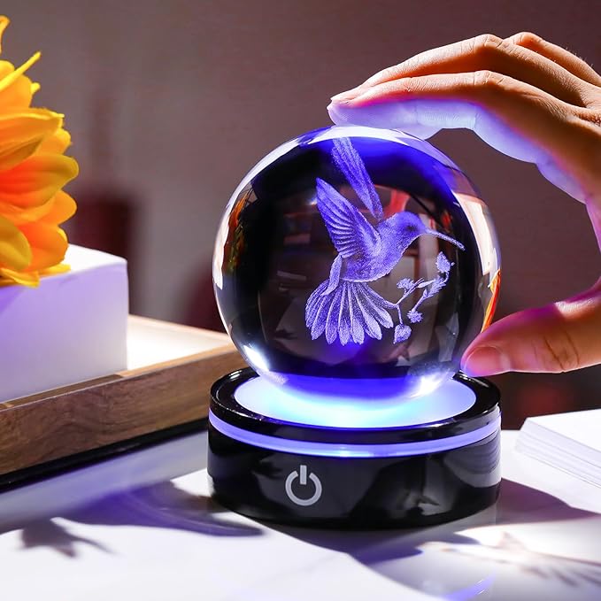 YWHL 3D Crystal Ball Hummingbird Figurine with LED Base, Hummingbird Gifts for Women Men on Christmas Birthday, Hummingbirds Ornament Glass Decorative Ball for Home Decor (80mm)
